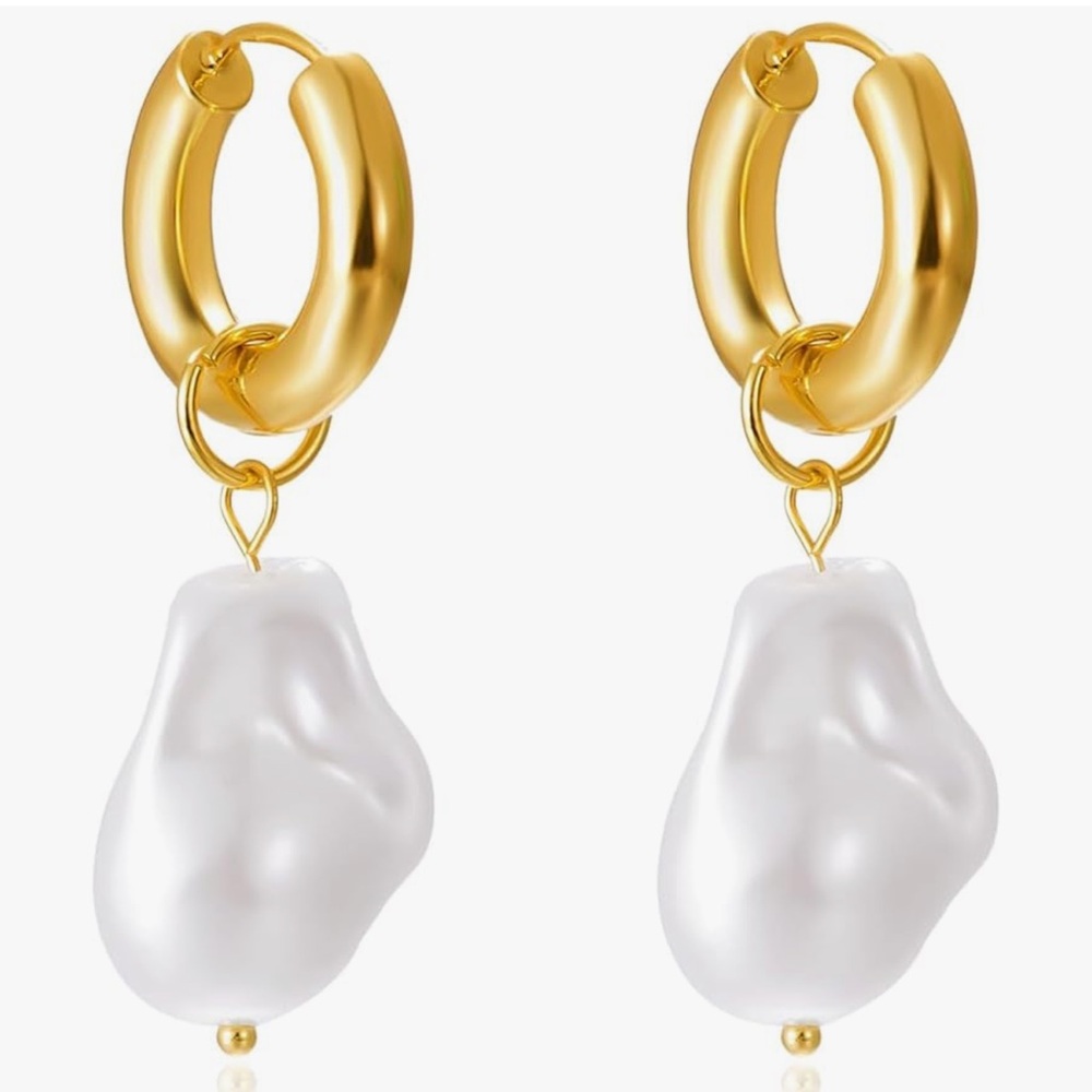 Gold Hoop Earrings with Irregular Pearl Drop 
Chic Statement Jewelry - Picture 12 of 13